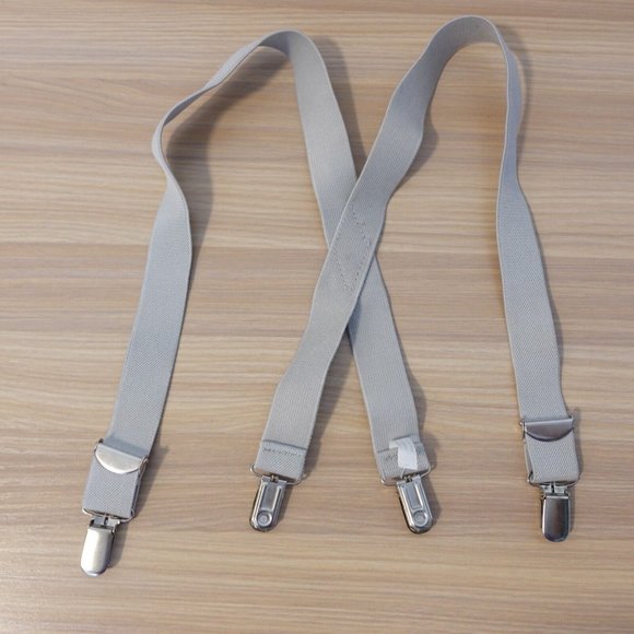 Suspender Boy Gray Clip On X Back Adjustable Strap Formal Stretch Elastic - Picture 1 of 8